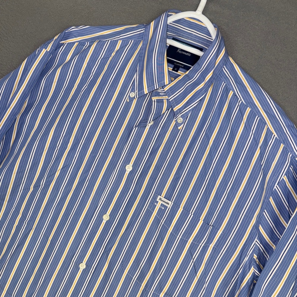 Faconnable Shirt Mens Medium Blue Stripe Classic Long Sleeve Cotton Button Down